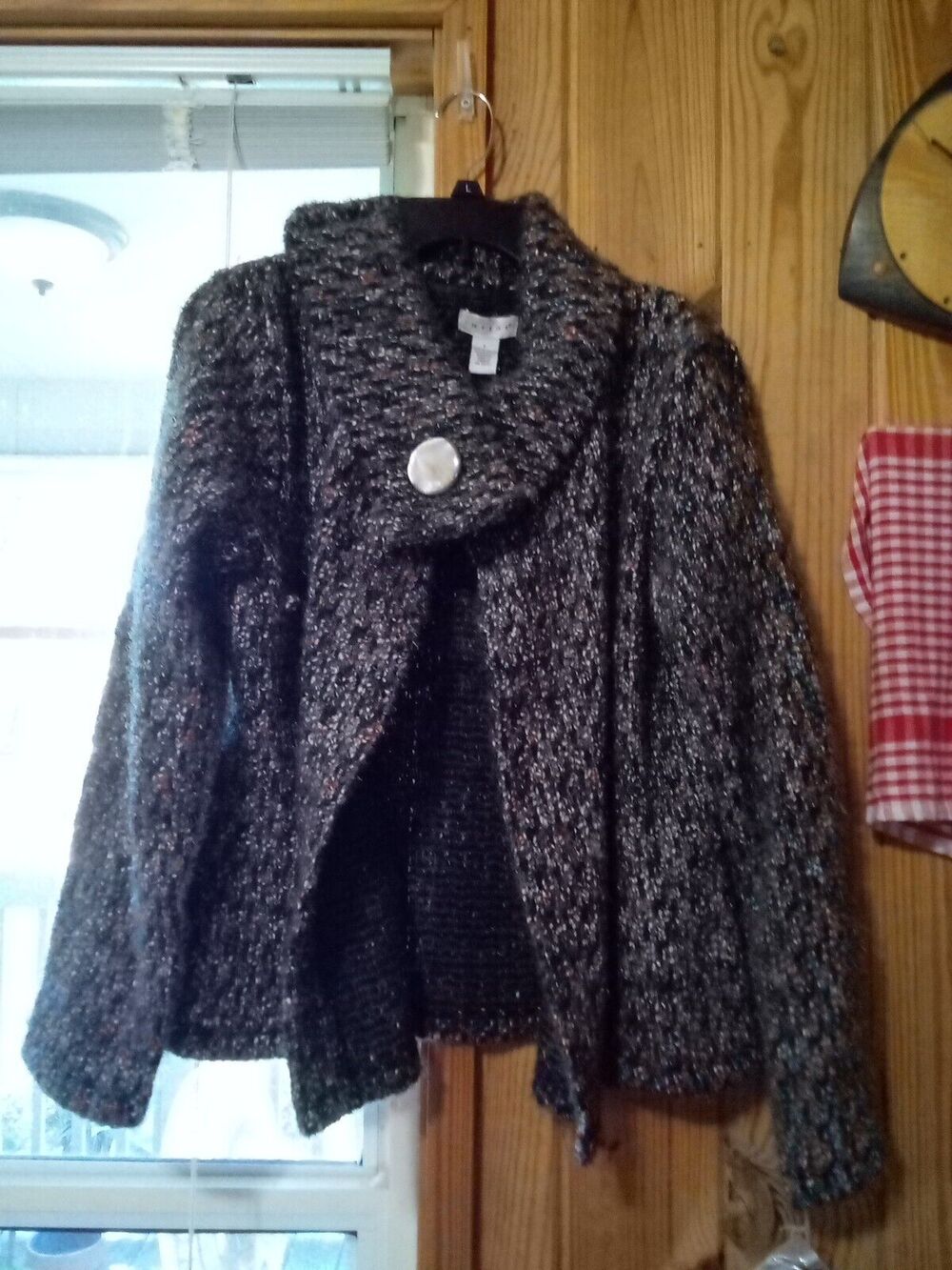 Tweeds Women's L Cardigan Sweater Open Front With One Snap Closure Black Multi